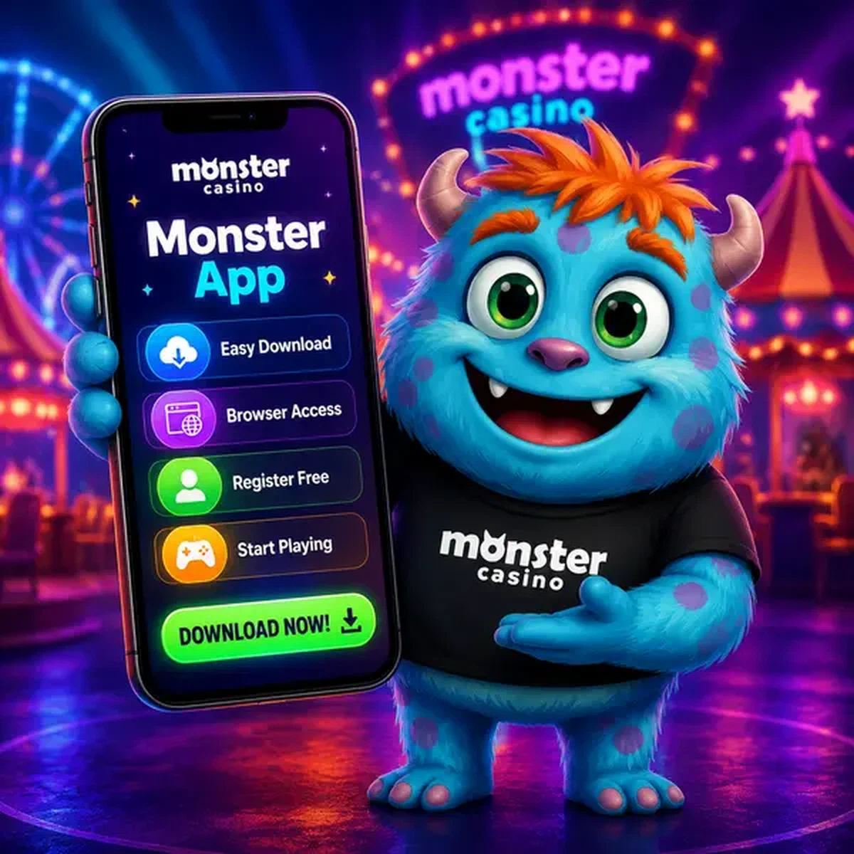 Monster App Download screen glowing as mascot welcomes new players to mobile gaming