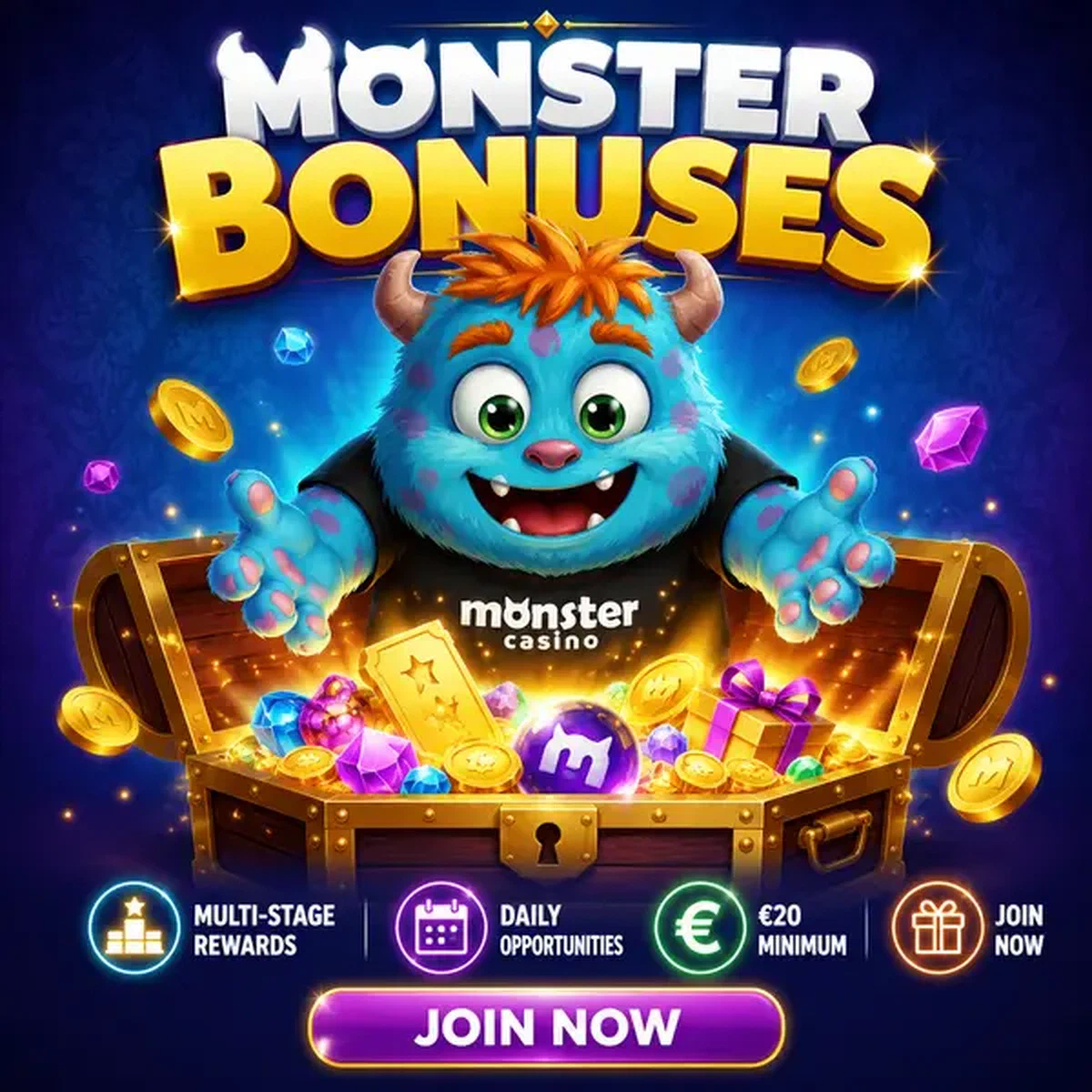 Monster Casino mascot joyfully discovering bonus treasures in glowing chest