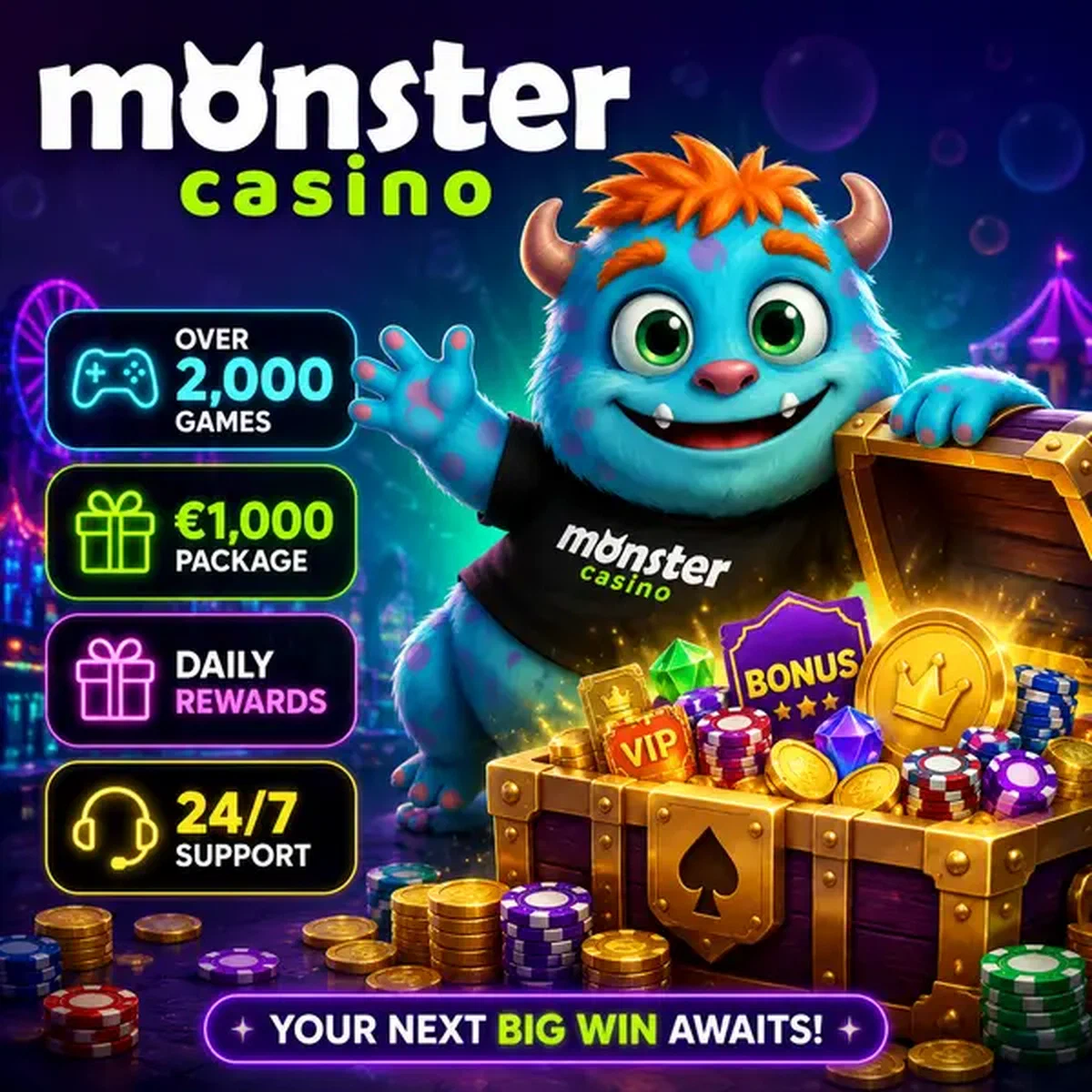 Cyan mascot with purple spots nudging open treasure chest at Monster Casino with over 2,000 games