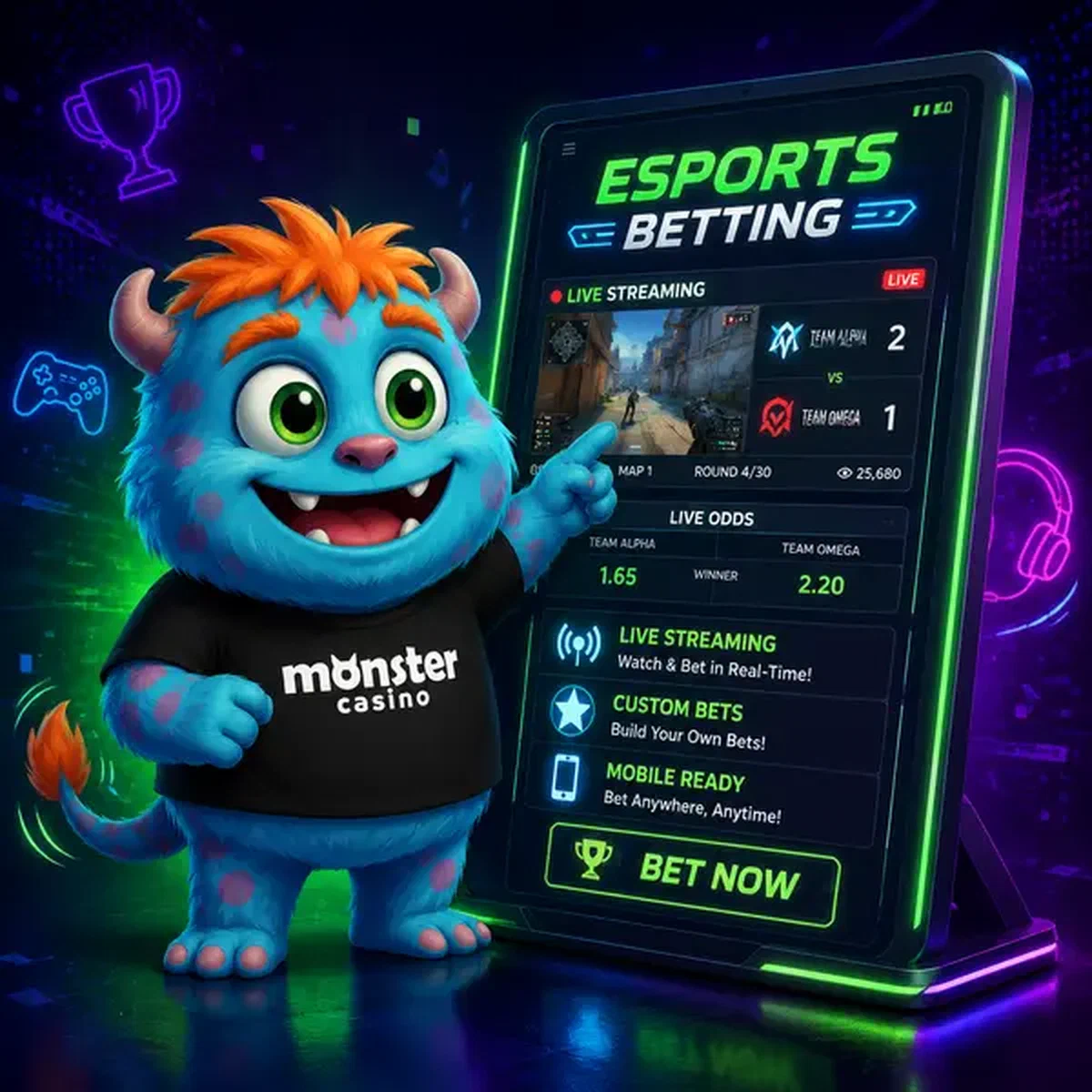 Monster Esports Betting mascot touches glowing esports betting board with live match streams