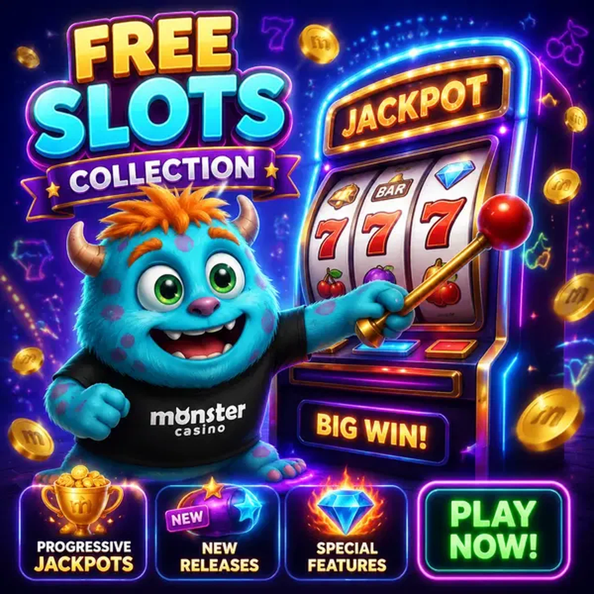 Monster Free Slots Collection mascot energetically pulling lever on glowing slot machines