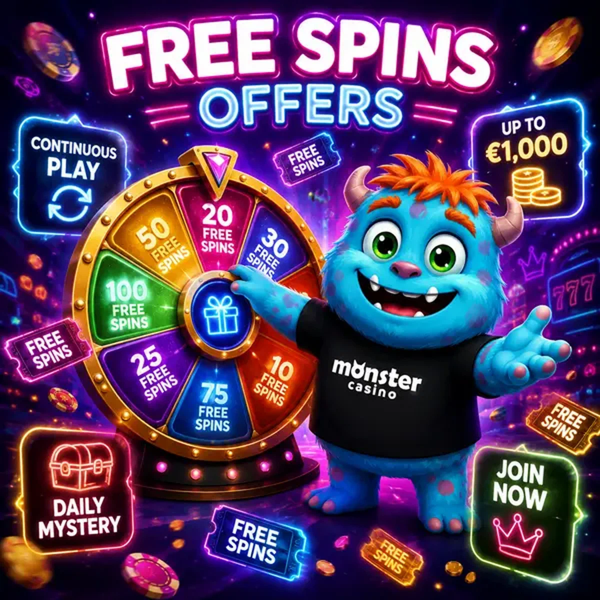 Energetic Monster spinning free spins wheel at neon-lit casino lobby