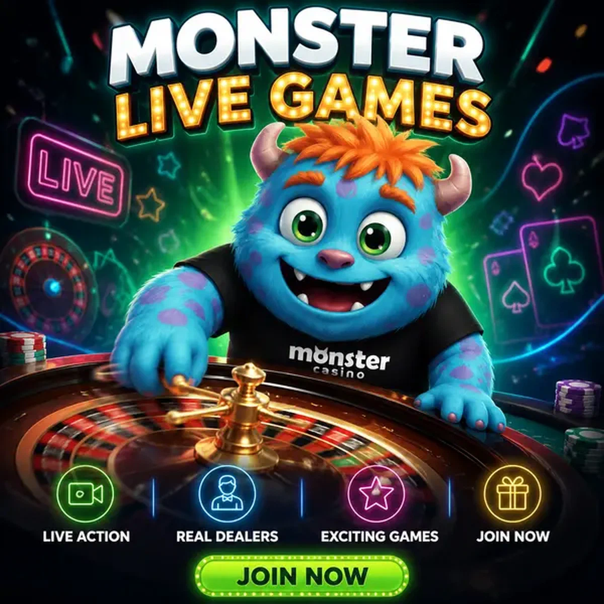 Cyan monster mascot spinning roulette wheel at Monster Live Casino games studio