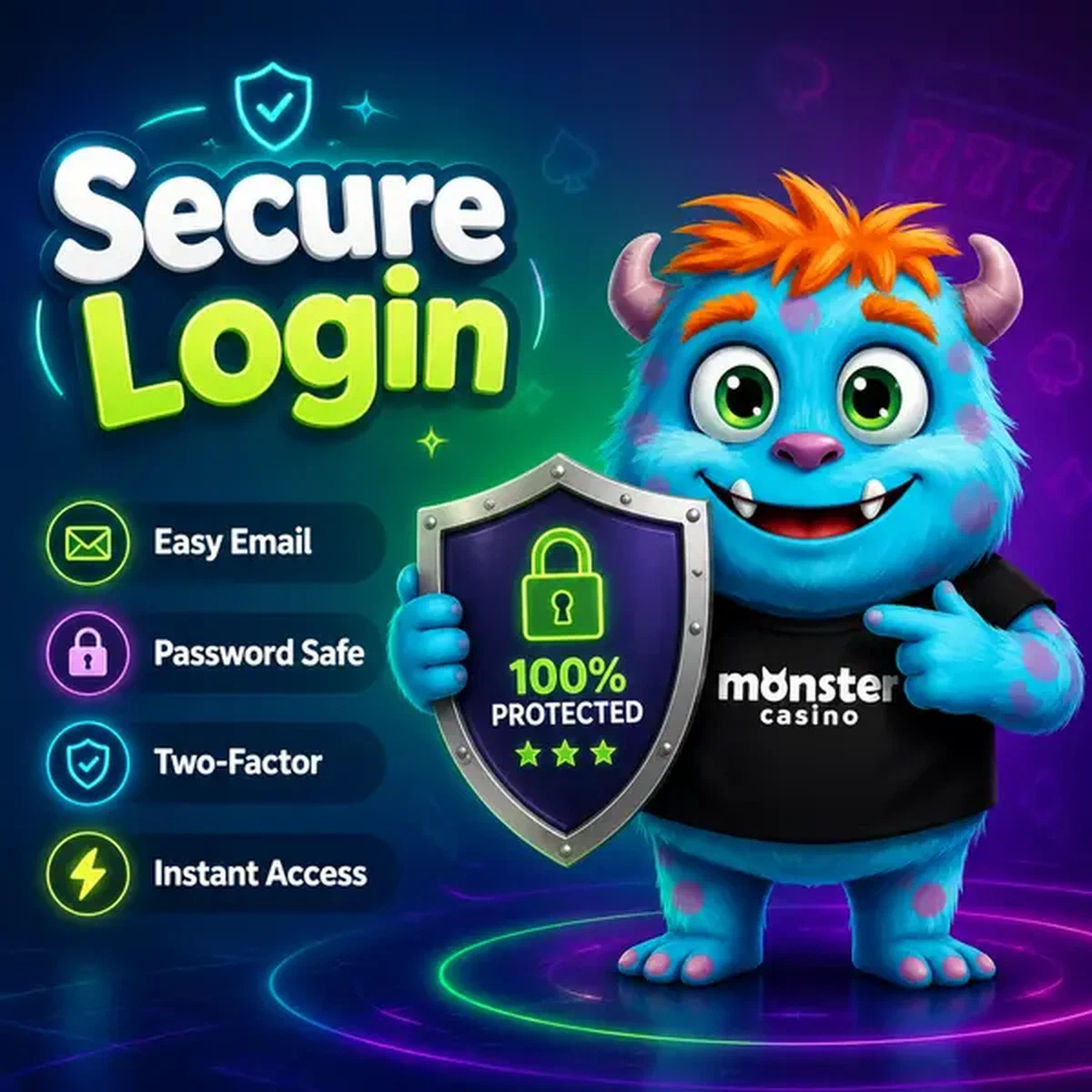 Monster Login Process mascot holding security shield with welcoming smile as player signs in