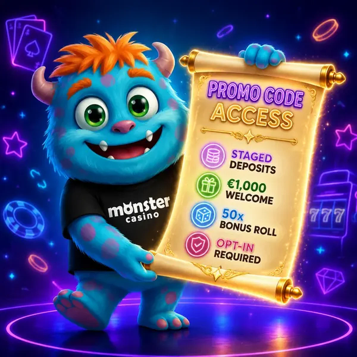 Monster Casino mascot playfully revealing glowing promo code scroll in neon atmosphere