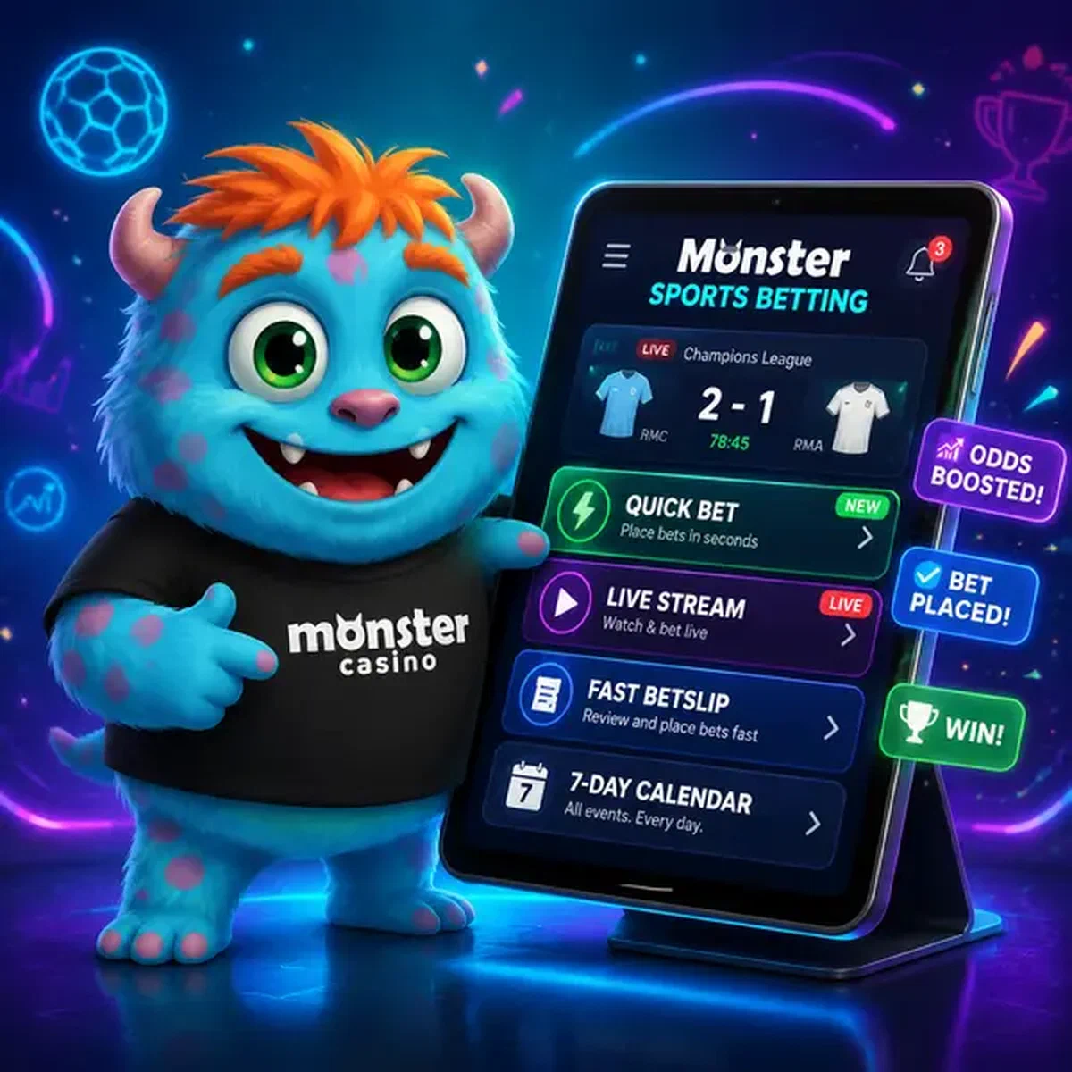 Monster Sports Betting mascot tapping sports betting interface with live odds glowing