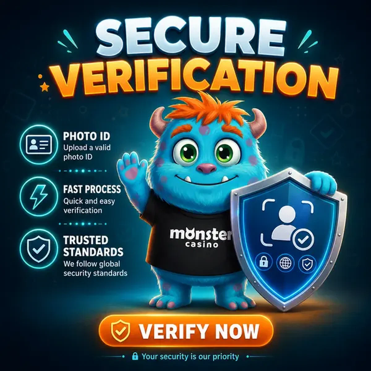 Player verifying identity at Monster as mascot holds glowing security shield