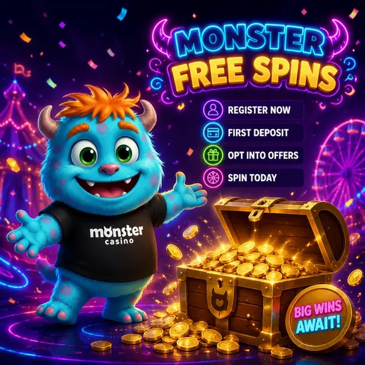 Cheerful monster mascot offering treasure chest of free spins at Monster Casino