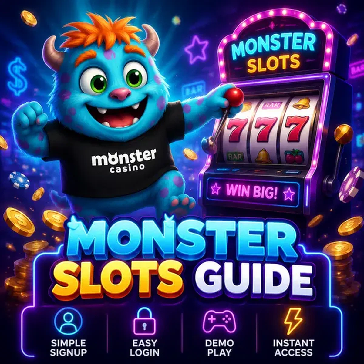 Cheerful monster mascot spinning colorful slot machines at Monster Slots Guide