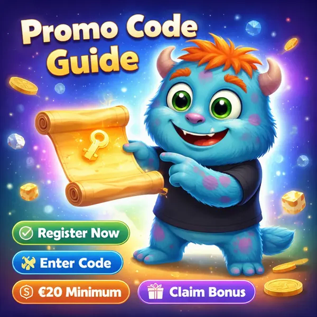 Monster Casino mascot holding glowing promo code scroll with excitement