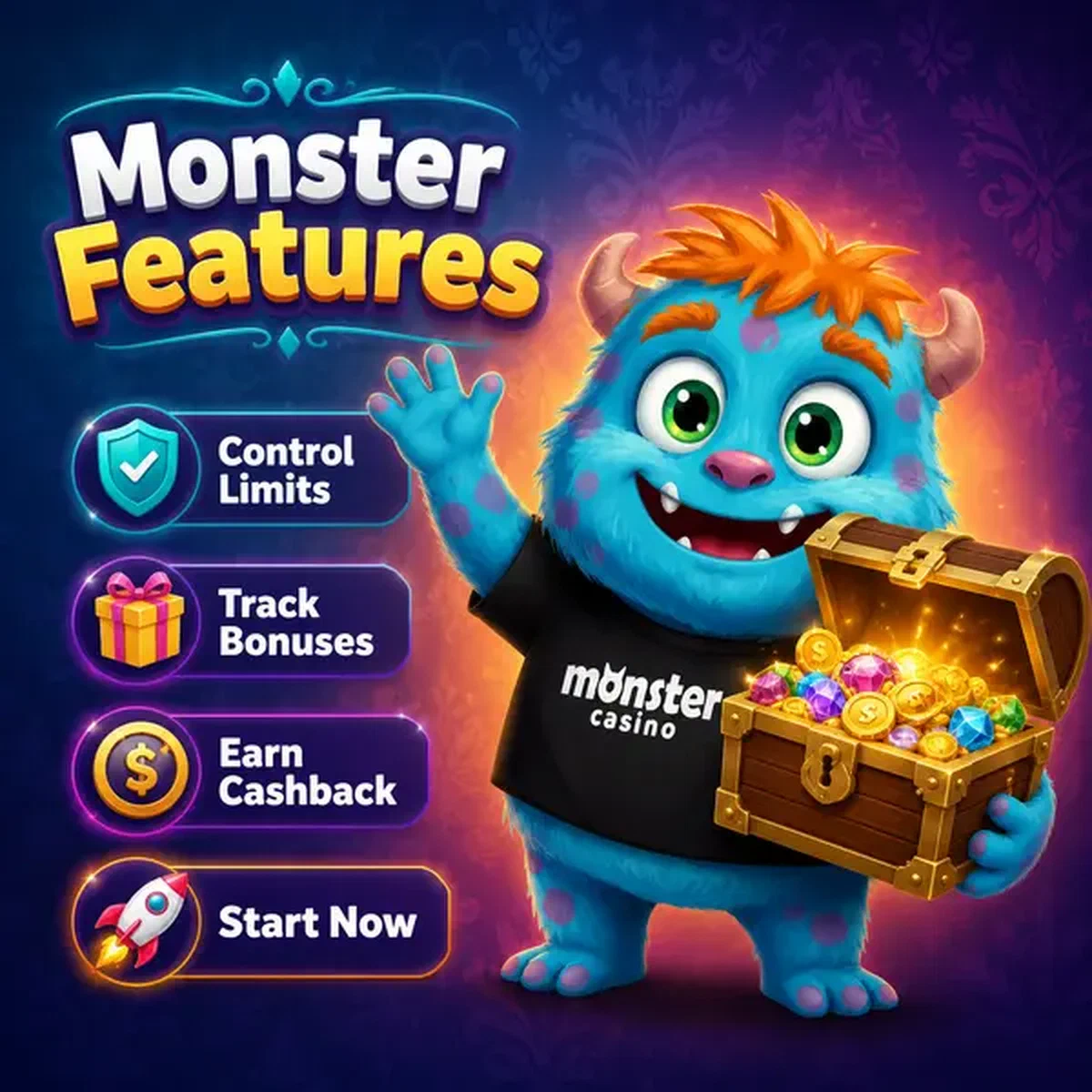 Friendly Monster mascot presenting login access at Monster Account portal