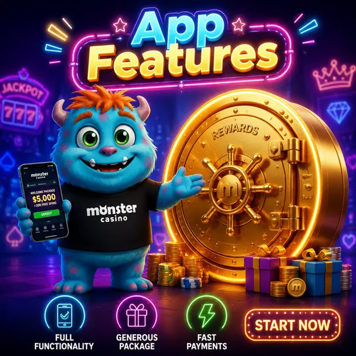 Monster App Features mobile app glowing as mascot gestures toward golden reward vault