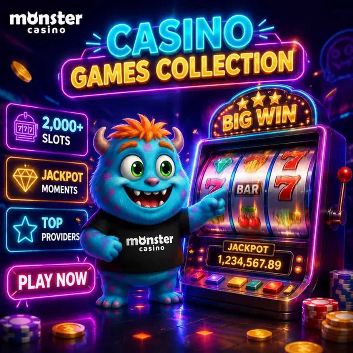 Player exploring 2000+ slots at Monster Casino Games Collection arcade with neon lights