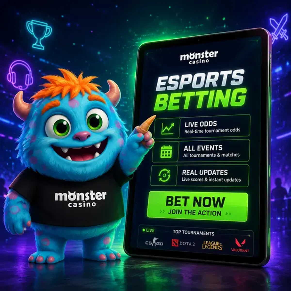 Cheerful Monster Esports Tournaments mascot pointing at live esports betting odds on glowing tablet screen