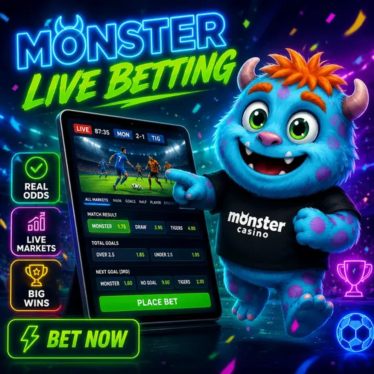 Monster Live Betting mascot excitedly pointing at sports betting tablet with live odds