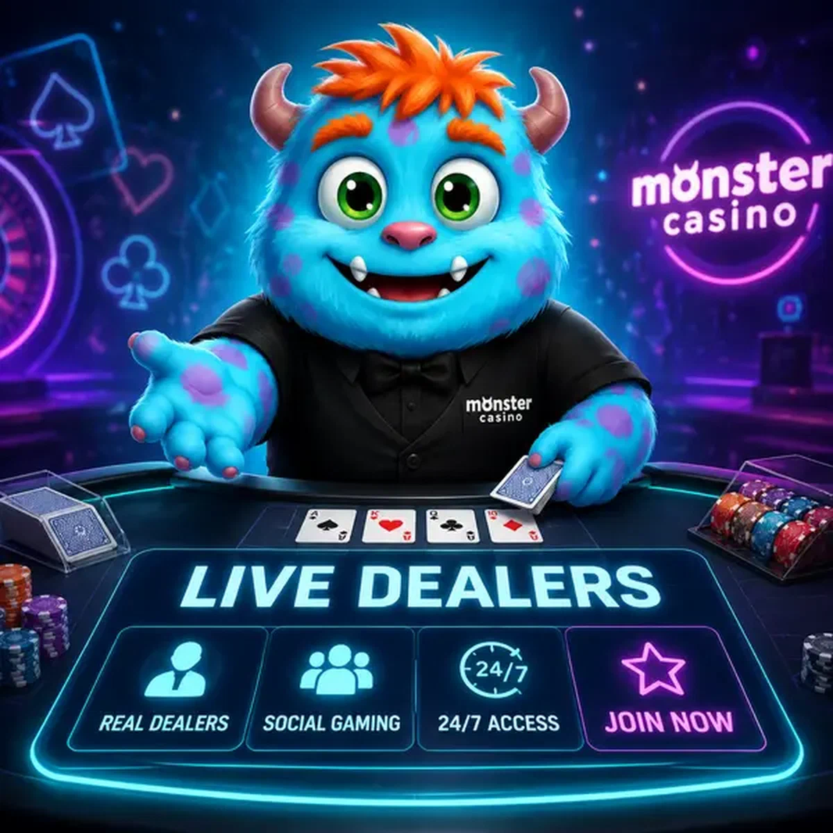 Monster Professional Live Dealers studio with cyan mascot dealing cards at high-tech gaming table