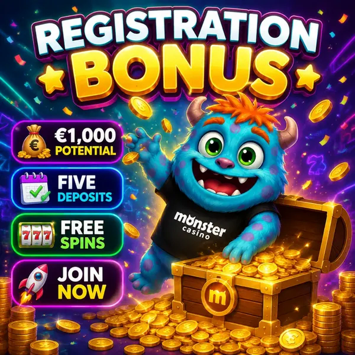 Monster celebrates registration bonus with treasure chest of golden coins