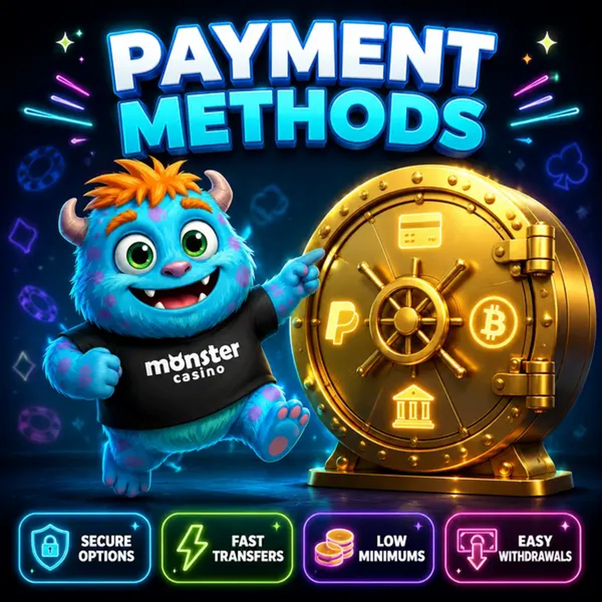Friendly monster mascot pointing at golden vault showcasing Payment Methods security at ## Payment Methods
