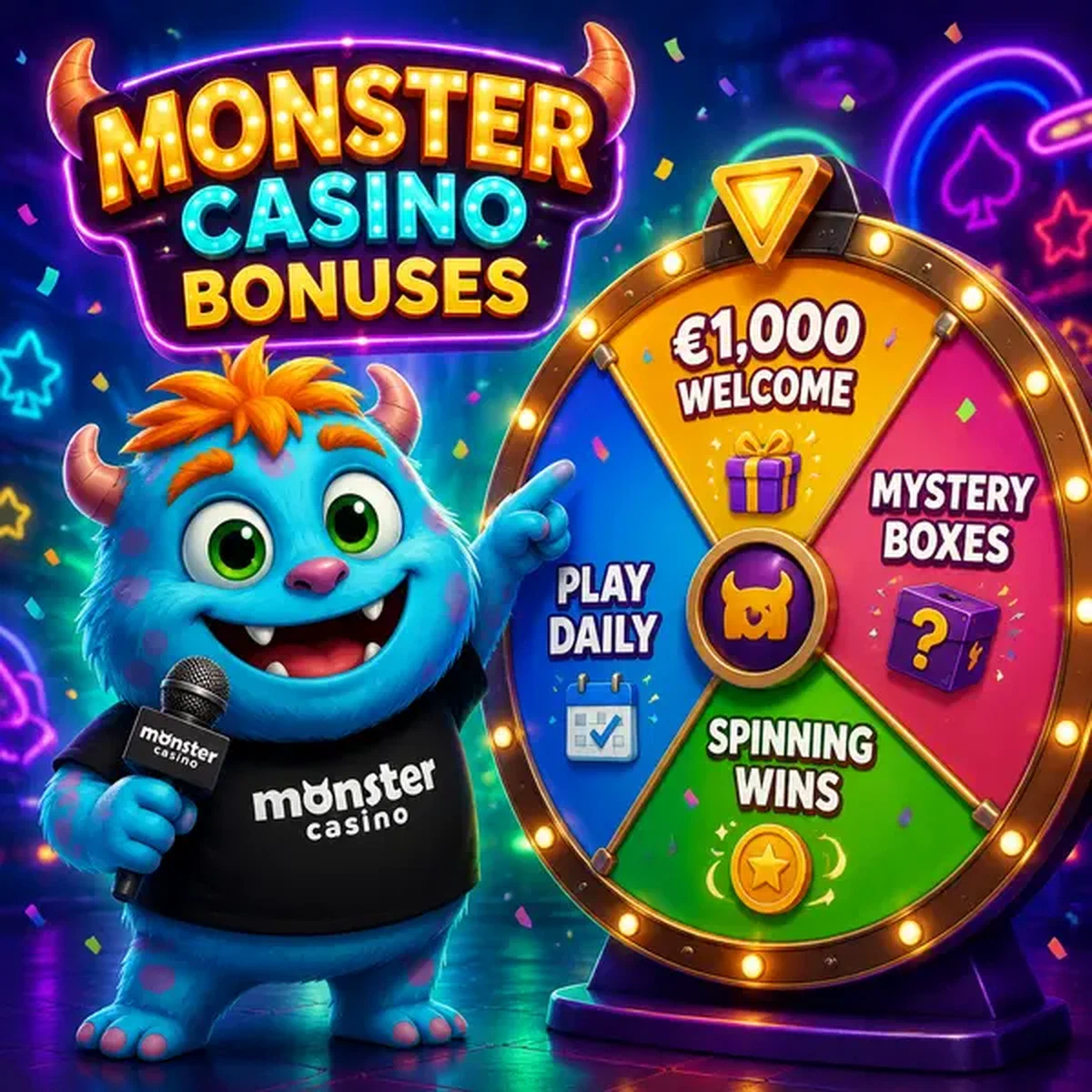 Monster Casino Bonuses mascot spinning colorful reward wheel packed with welcome bonuses