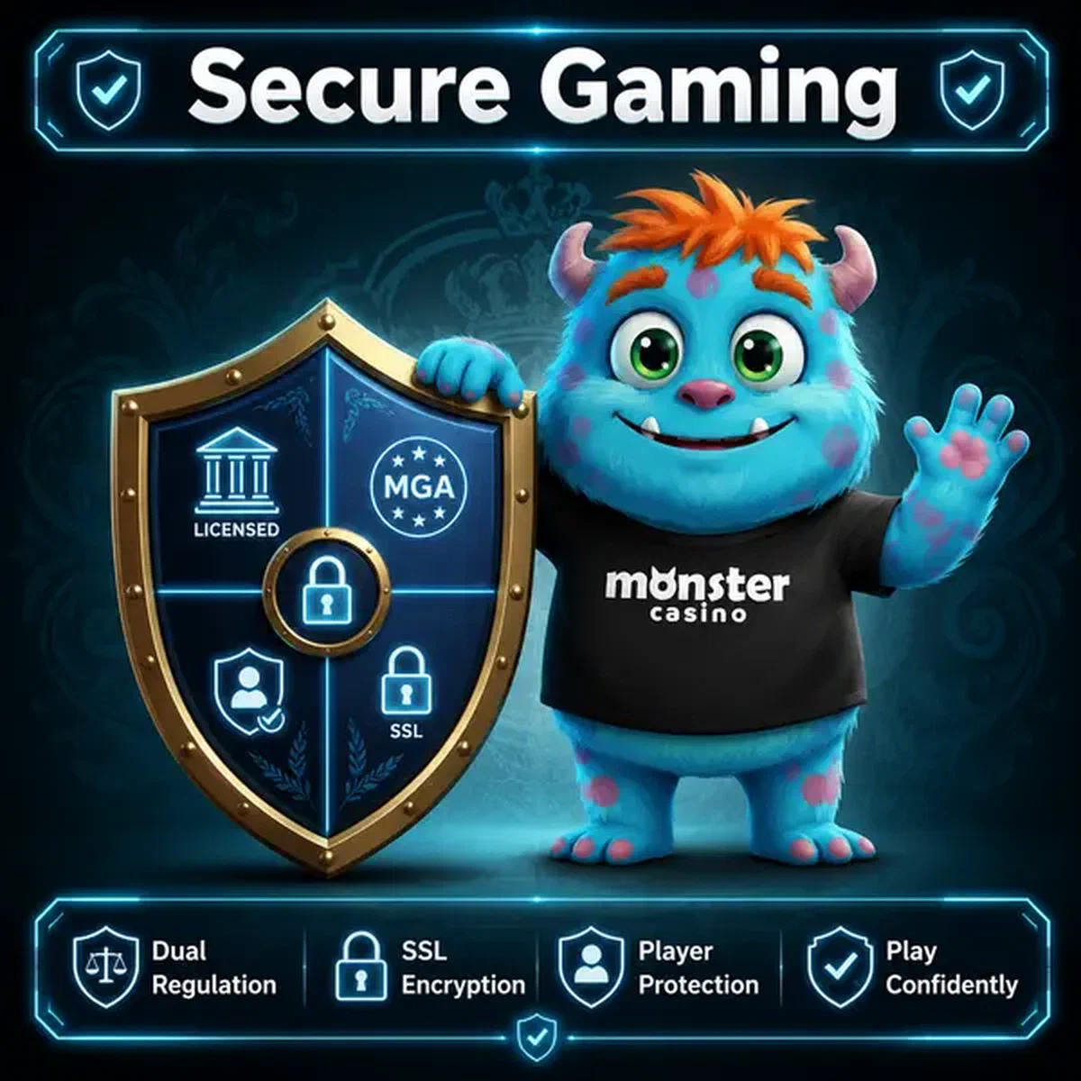 Monster Casino mascot confidently standing beside secure shield showing licensing protection