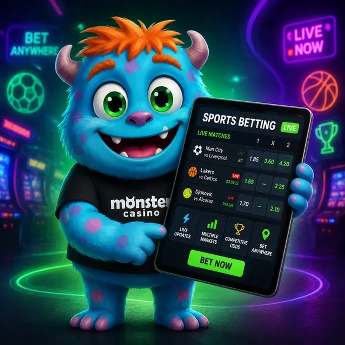 Monster Casino Sports Betting mascot holding tablet with live betting odds and updates