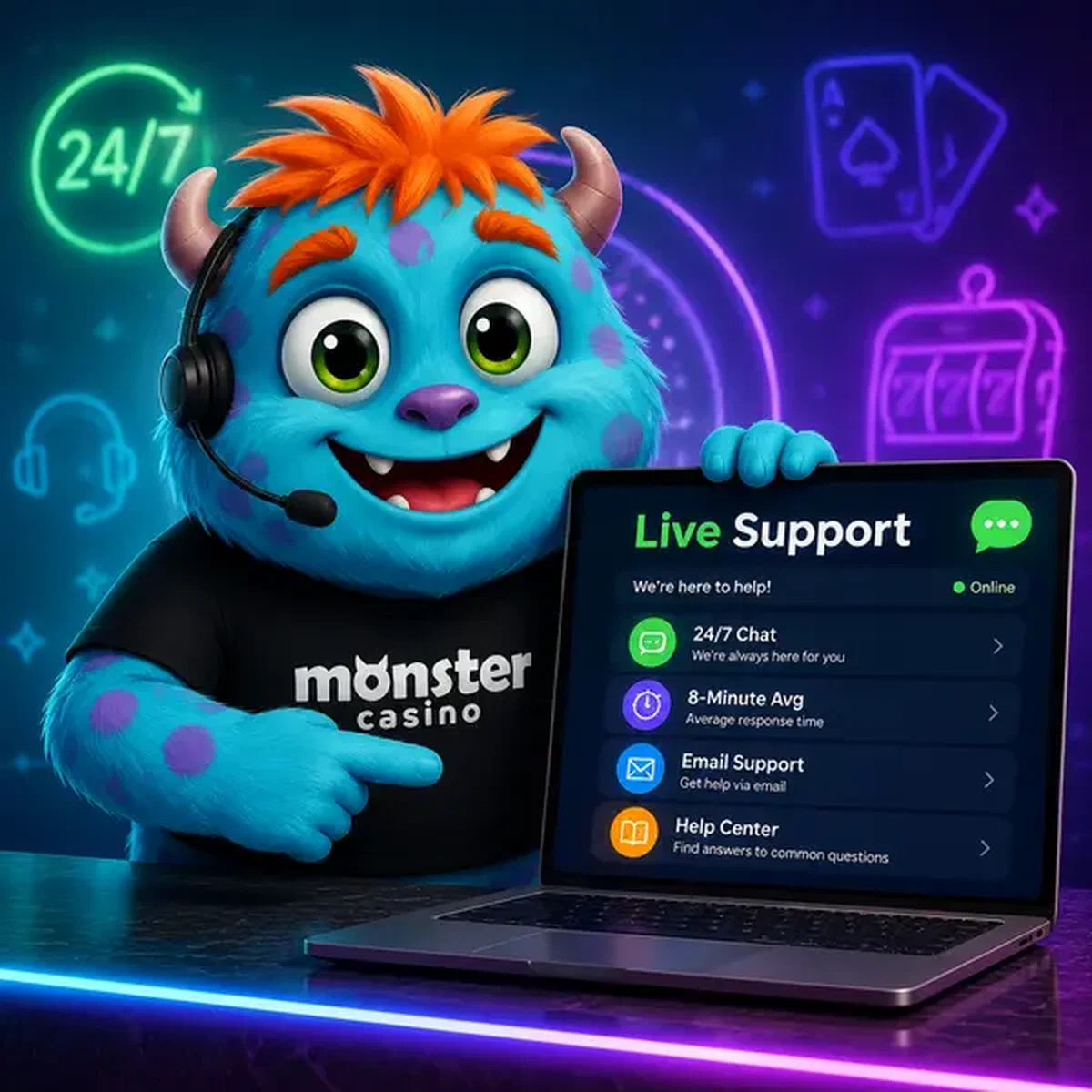 Cheerful monster mascot providing live support assistance at Customer Support gaming desk
